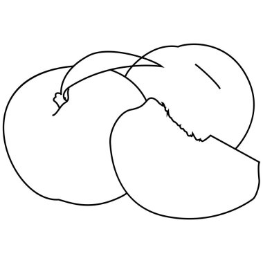 Gerçekçi olgun şeftaliler, bir bütün ve dilimle. Meyveli sulu gerçekçi çizgi vektörü yüksek detay beyaz arka planda izole edildi. Olgun şeftaliler, bir bütün ve dilimle. Vektör illüstrasyonu