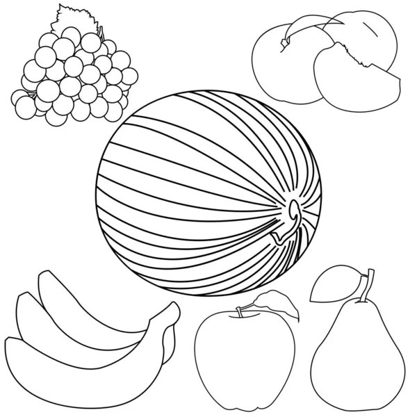 Dulce Fruta Plátano Sandía Manzana Uva Melocotón Pera Conjunto Iconos — Vector de stock