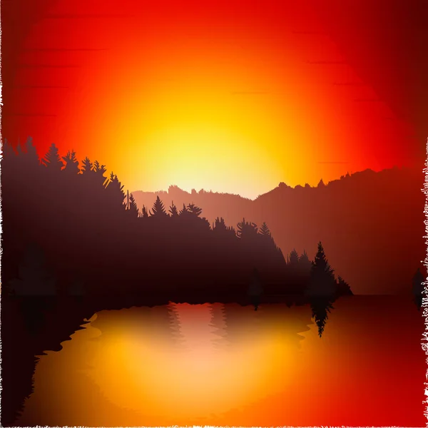 Coucher Soleil Rouge Lueur Sur Mpuntains Lac Vecteur Illustration Nature — Image vectorielle