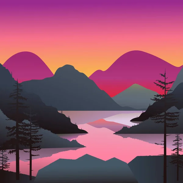 Illustration Paysage Montagneux Lacustre Avec Des Silhouettes Sapin Coucher Soleil — Image vectorielle