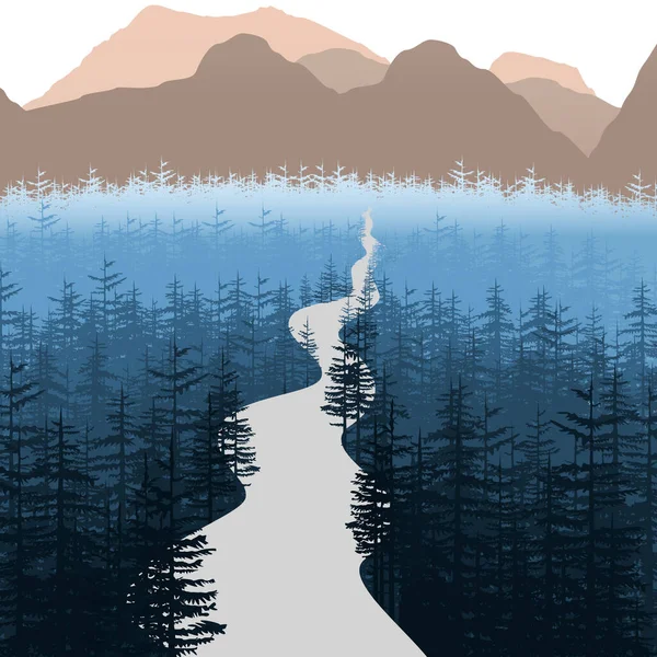 Paysage Vectoriel Avec Une Rivière Milieu Forêt Bleue Illustration — Image vectorielle