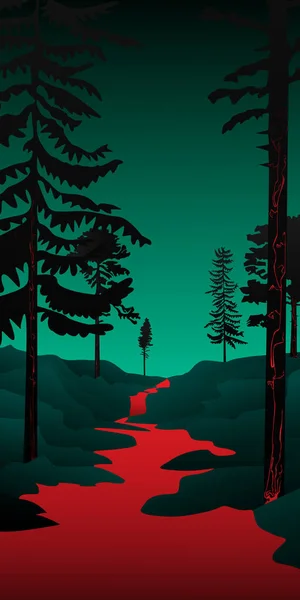 Red Blood River Dans Forêt Sombre Illustration Vectorielle Verticale — Image vectorielle