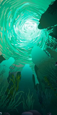 Denizaltı dünyası illüstrasyon arka planı, renkli siluetler, düz yüzey