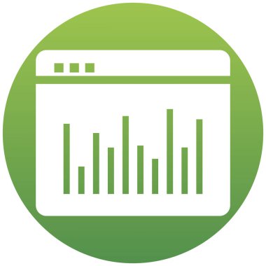 İstatistik vektör simgesi, grafik sembolü. İş dünyası için modern, basit düz illüstrasyon, beyaz arka planda internet pazarlama kavramı. Web sitesi tasarımı veya mobil uygulama için modern vektör sembolü. Yeşil gradyan düğmesindeki sembol. EPS 10.
