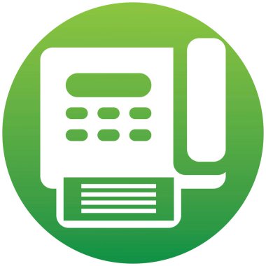Vektör faks makinesi resimleme. Beyaz arka planda izole edilmiş. İş için basit düz çizim, internet pazarlama konsepti. Web sitesi tasarımı veya mobil uygulama için modern vektör sembolü. Yeşil gradyan düğmesindeki sembol. EPS 10.