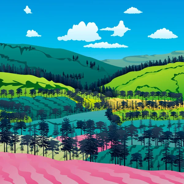 Paysage Des Prairies Des Pins Illustration Des Champs Gradient Forestier — Image vectorielle