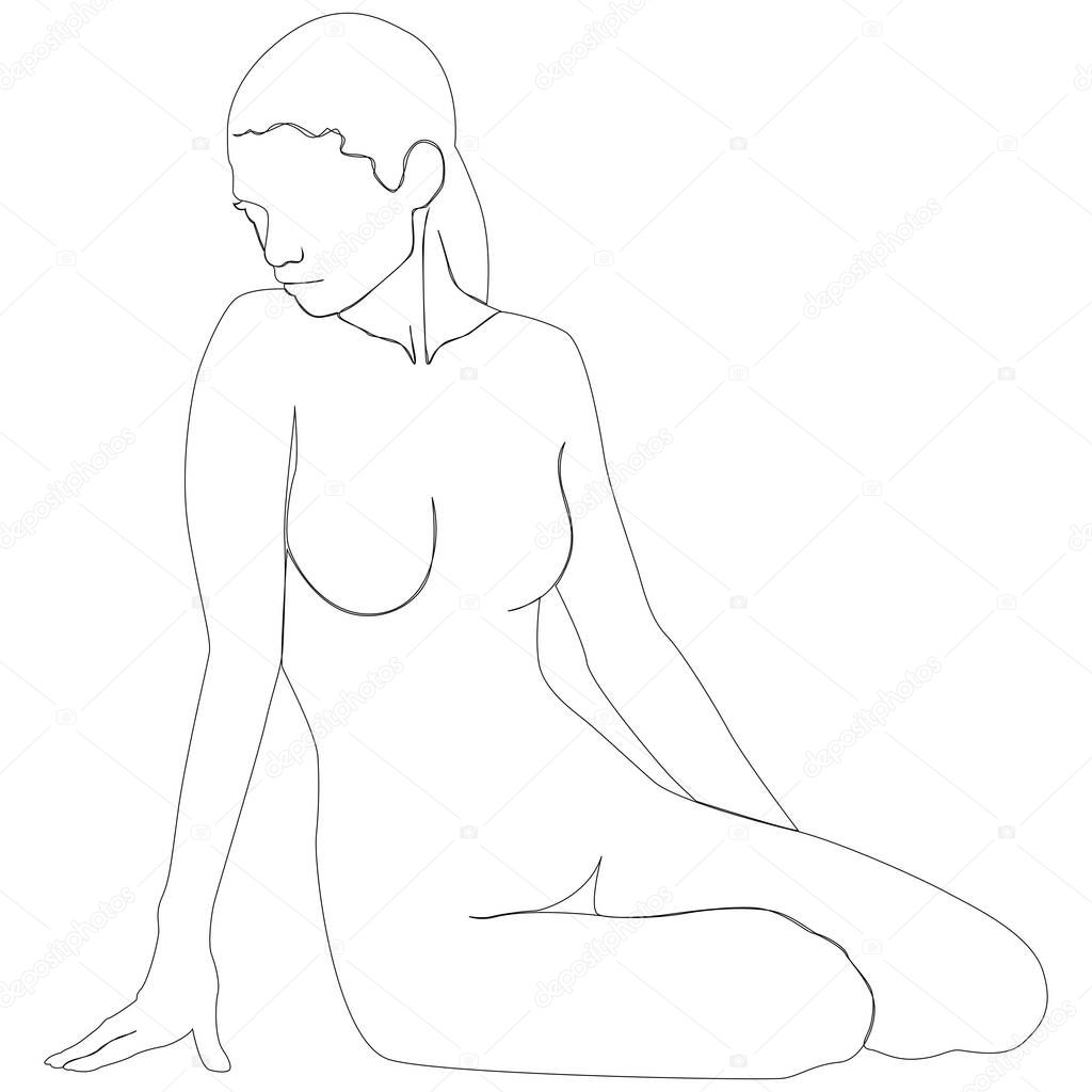 Continuous line drawing of sitting nude woman. One line Vector