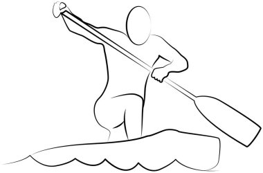 Kano logosu veya kano sporu amblemi - kano ve nehir veya göl dalgalarıyla kürek çeken insan silueti