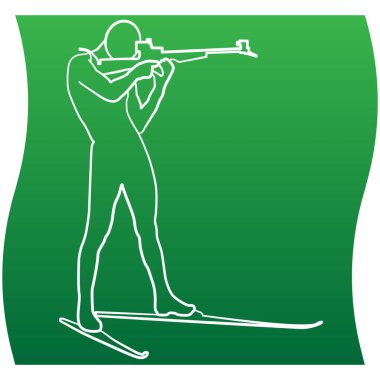 Siluet biatlon atıcısı, kayakçı hedefe nişan alıyor. Spor seti ikonu. Vektör EPS 10