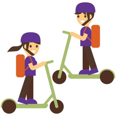 Elektrikli scooter 'la kurye teslimatı. Teslimatçı çocuk ve kız taze yiyecek getiriyor, elektrikli scooterla hızlı gidiyor. Kafelerden ve restoranlardan teslimat servisi. Düz biçim vektör illüstrasyonu.