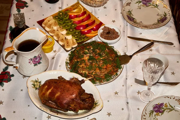 Kerstmis Viering Tafel Eten Instelling — Stockfoto