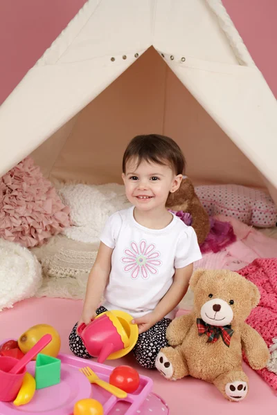 Child Play: Pretend  Food, Toys and Teepee Tent — Stock Photo, Image