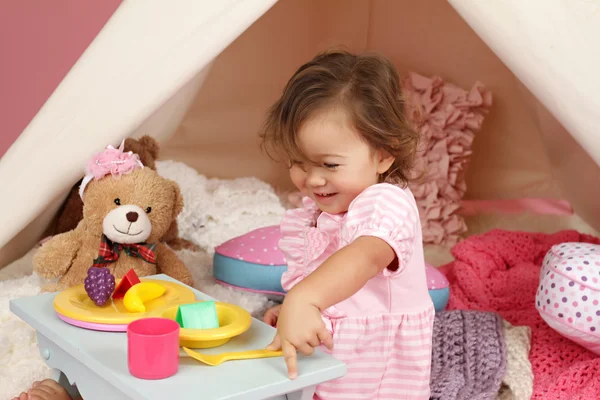 Pretend Play Tea Party at home with a TeePee Tent — Stock Photo, Image