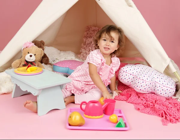 Pretend Play Tea Party at home with a TeePee Tent — Stock Photo, Image