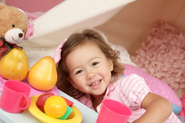 Pretend Play Tea Party at home with a TeePee Tent — Stock Photo, Image