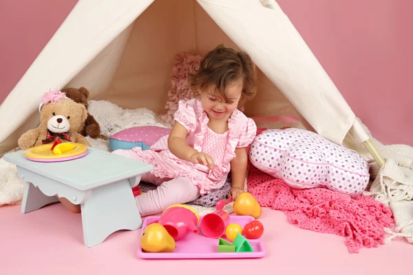 Pretend Play Tea Party at home with a TeePee Tent — Stock Photo, Image
