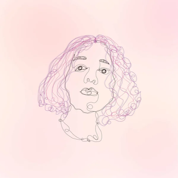 Bir çizgi çizimi mor saçlı kadın pastel pembe arka planda soyut modern dijital minimalizm sanatında