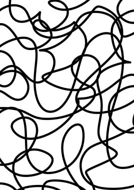 Beyaz üzerine siyah kıvrımlı çizgiler, kaotik karalama, dağınık çizim çizimi