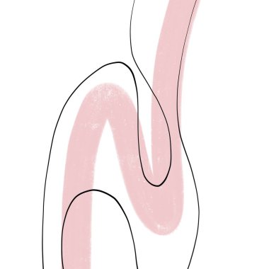 Gouache dokusu pembe fırça darbesi. Temiz beyaz arka planda minimalist ince siyah çizgiler.