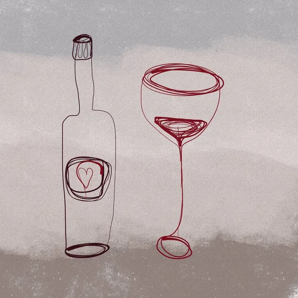 Alkol içeceğinin dijital çizimi. Minimalist tarafsız arkaplanda soyut şarap kadehi.