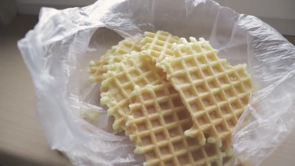 Tasty Snack Harmful Package Delicious Sweet Waffles Plastic Bag Crispy — Stock Video