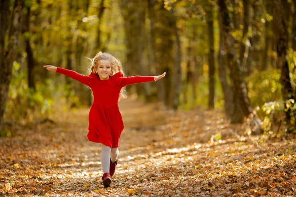 Nettes Mädchen Roter Baskenmütze Auf Einem Spaziergang Herbst — Stockfoto
