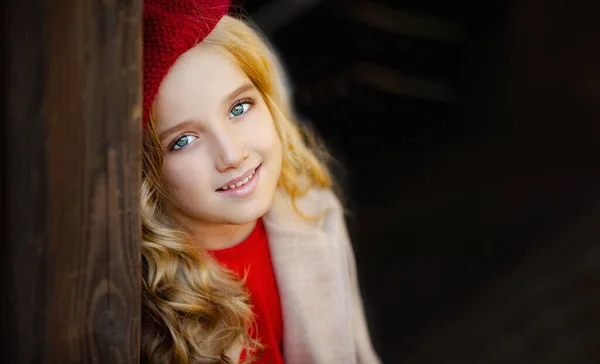 Cute Little Girl Red Beret Autumn — Stock Photo, Image