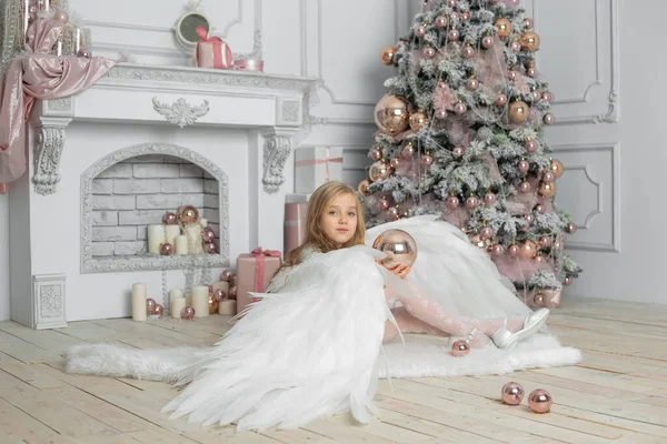 Little Cute Girl Blond Hair Angel Wings Studio Next Christmas — Stock Photo, Image