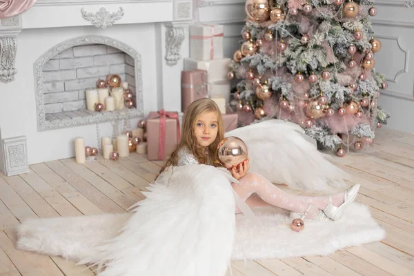 Little Cute Girl Blond Hair Angel Wings Studio Next Christmas — Stock Photo, Image