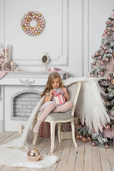 Little Cute Girl Blond Hair Angel Wings Studio Next Christmas — Stock Photo, Image