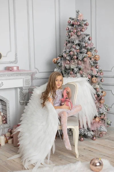 Little Cute Girl Blond Hair Angel Wings Studio Next Christmas — Stock Photo, Image