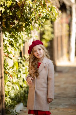 Sonbaharda yürüyüşe çıkan kırmızı bereli tatlı bir kız.