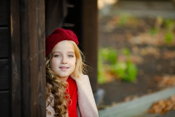 Милая Девушка Красном Берете Прогулке Осенью — стоковое фото