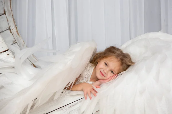 stock image Christmas shooting of a cute little girl in the studio with wings
