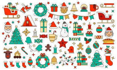 Noel ve Yeni Yıl tebrik kartları. Elf, lolipop, şeker, zencefilli çörek, çizgili çorap, kırmızı arka plan, karamel kamış. El ilanları, posterler, afişler için iyidir.