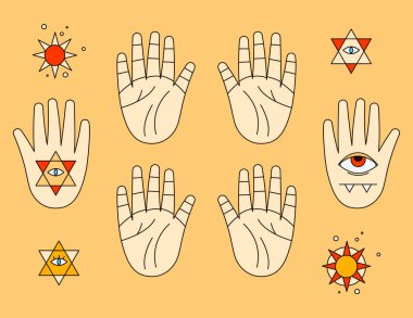 Cadılar Bayramı çıkartması. El falı, ellerinde çizgi tahmini, nazar, yıldızlar, ezoterik, avuç içi, falcı, cadı, büyü, okültizm, kehanet simgeleri. 