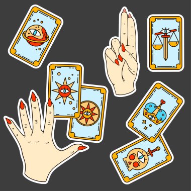 Bir tarot okuyucusunun logosu, hediyelik eşya baskısı, tarot kartıyla ilgili çizimler. Tarot kartları, falcı, cadı, kadın eli, sihir, aşk büyüsü, okültizm, kehanet, ezoterik