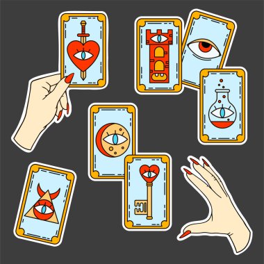 Bir tarot okuyucusunun logosu, hediyelik eşya baskısı, tarot kartıyla ilgili çizimler. Tarot kartları, falcı, cadı, kadın eli, sihir, aşk büyüsü, okültizm, kehanet, ezoterik