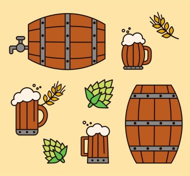 Restoran ikonu. Hediye kartı, bir bardak birası olan bir restoranın tasarımı. Hops, malt, bira fıçısı, ahşap bira bardakları, ev yapımı bira fabrikası, bira, ipa, filtresiz. Tatil posteri, kutlama afişi, moda tişört baskısı