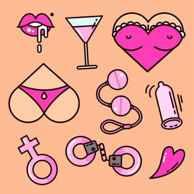 Yetişkinler için seks oyuncakları, ikonlar ve aksesuarlar. Egzotik eşyalar, seksi kadın şekilleri ve dudakları, harf, seks dükkanları için uygun, Sevgililer Günü kartları. Vektör resimlerinin kümesi