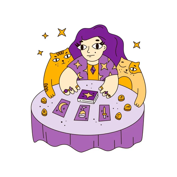 Fortuneteller Table Dispose Des Cartes Tarot Runes Sorcières Chats Magie — Image vectorielle