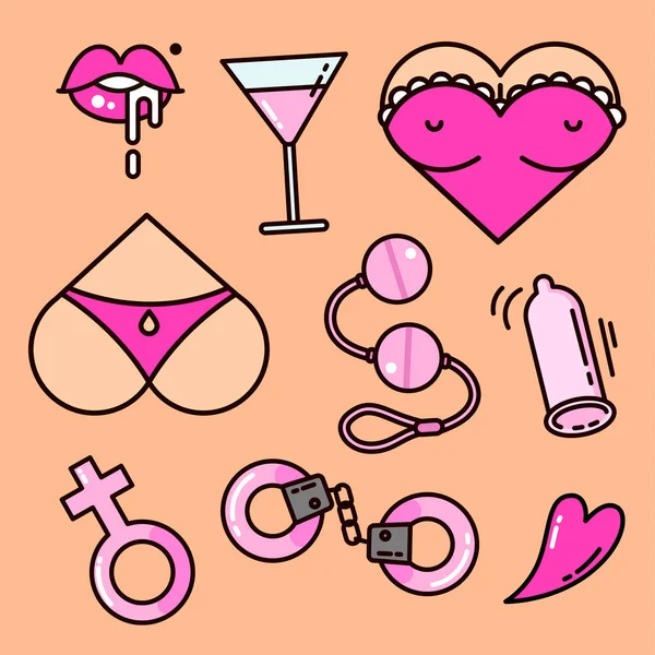 Vektorové Sex Shop Hračky Ploché Ikony Příslušenství Pro Dospělé Obchody — Stockový vektor