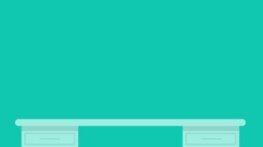 İş yeri konsepti. Ofis masası. Birlikte çalışmak için tasarlandı. Animasyon öğrenci masası, ofis masası, ortaya çıkan nesneler. İş yeri çizgi filmi. Modern renkli ofis. Düz animasyon. Bilgisayarlı masaüstü