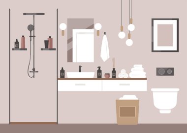 Modern banyo. Lüks otel odası, spa salonu, süit. Tuvalet, duş, ışıklar, avize, havlular, makyaj malzemeleri, şampuan, ayna. Çatı katı. 