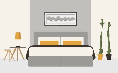 Klasik tarzda bir yatak odası, yatak başlıklı büyük bir yatak, komodin, kaktüs. Otel odası. Mobilya mağazası reklamı. Modern tarzda iç tasarım. Yeni eve taşınma kartı. Yurt