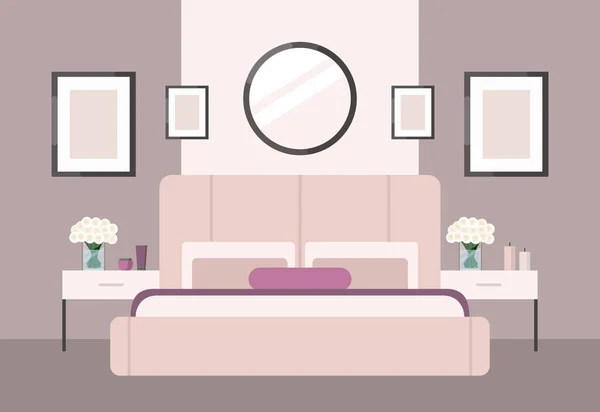 Quarto Luxuoso Estilo Clássico Grande Cama Rosa Com Cabeceira Mesa — Vetor de Stock