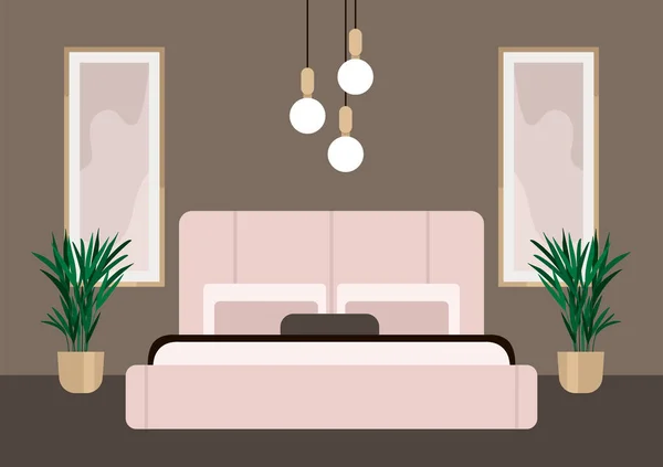 Роскошная Спальня Классическом Стиле Большая Кровать Изголовьем Домашние Растения Липы — стоковый вектор