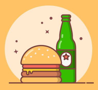 Bira şişesi ve hamburgerli ikon, tebrik kartı, barlar için illüstrasyon ve alkollü barlar, fast food