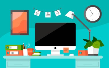 İş yeri konsepti. Ofis masası. Birlikte çalışmak için tasarlandı. Bilgisayar, dosyalar, kahve fincanı, hatırlatma çıkartmaları, organize olmuş masa lambası ve bitki içeren bir masa. Duvardaki saat ve resim 