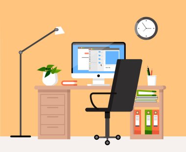 İş yeri konsepti. Ofis içi. Birlikte çalışmak için tasarlandı. Bilgisayar, saat, klasörler, ofis koltuğu, bitki, tertipli lamba ve kalemli masaüstü. Kendi kendini eğitme. Dolap. Çalış